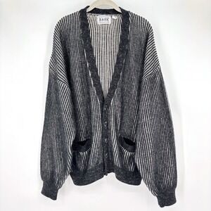 Vintage 80s Rib Knit Cardigan Sz L Black White Stripe Wool Button Up Grandpa